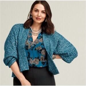 Cabi Blue + White Chunky Knit Astral Open Front Cardigan - Medium - 4095